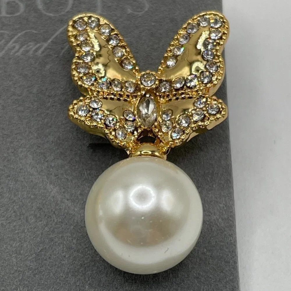 NWT Talbots Gold Pave Butterfly Round Pearl Drop Pierced Earrings